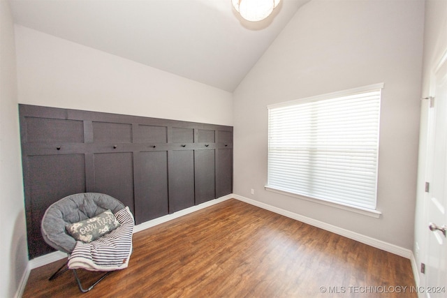 mudroom featuring high vaulted ceiling and dark wood-type flooring