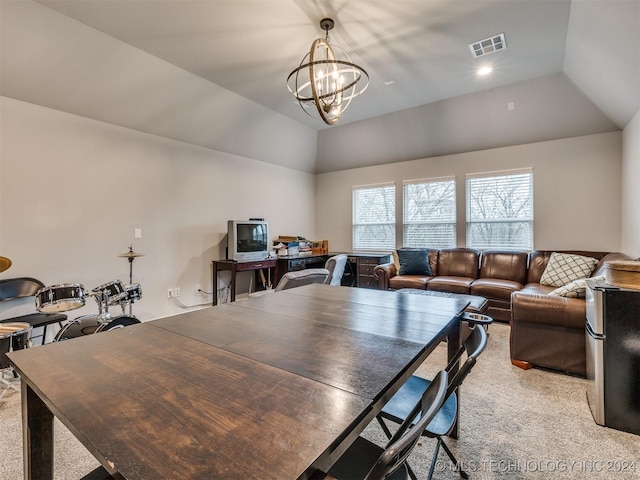 carpeted dining area featuring vaulted ceiling and a notable chandelier