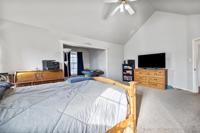 bedroom featuring carpet flooring, ceiling fan, and lofted ceiling