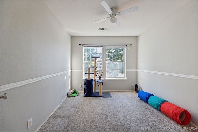 interior space featuring ceiling fan and carpet