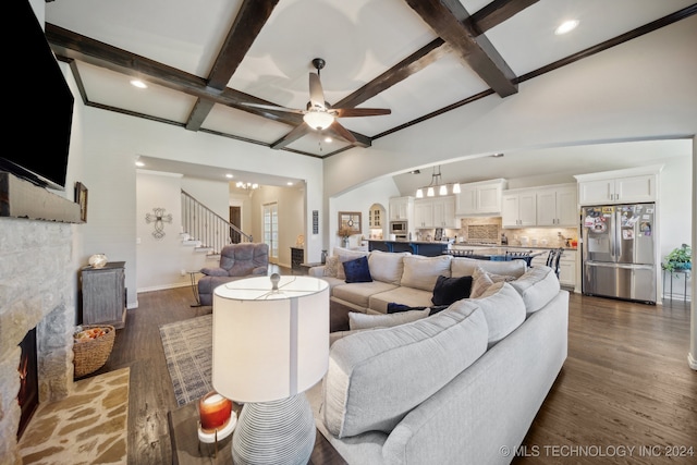 living room featuring hardwood / wood-style flooring, ceiling fan, beam ceiling, and coffered ceiling