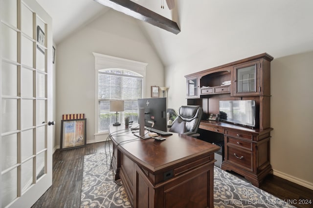 office area with dark hardwood / wood-style flooring and vaulted ceiling with beams