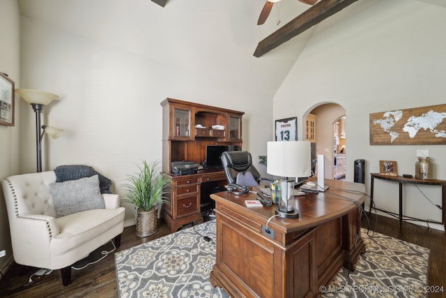 office space featuring beamed ceiling, dark hardwood / wood-style floors, high vaulted ceiling, and ceiling fan