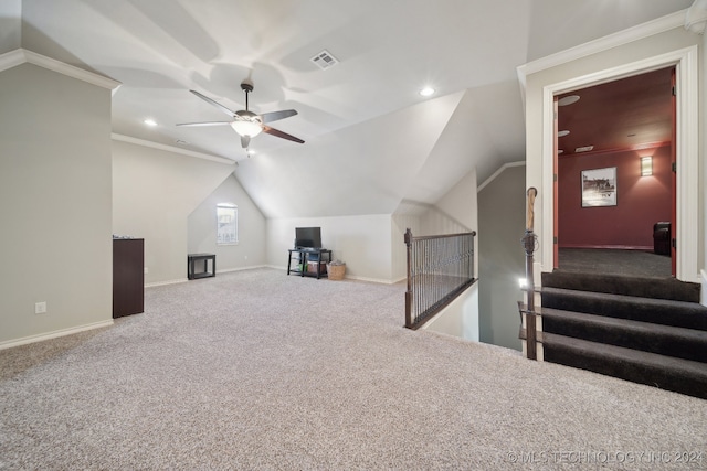 bonus room featuring ceiling fan, lofted ceiling, and carpet floors