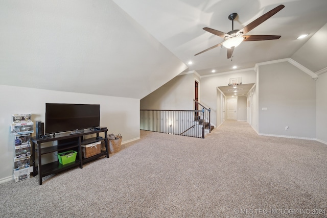 bonus room featuring lofted ceiling, carpet floors, and ceiling fan