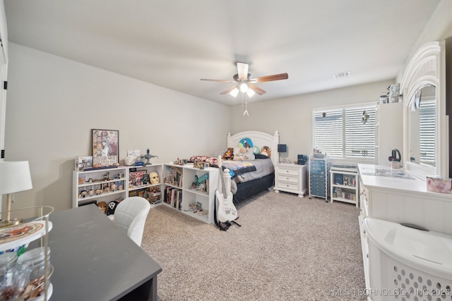 bedroom featuring carpet floors, ceiling fan, and visible vents