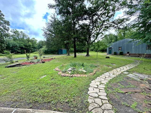 view of yard with a storage shed