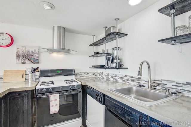 kitchen with sink, ventilation hood, white dishwasher, range with gas stovetop, and decorative backsplash