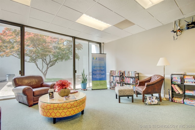 living area featuring carpet, a paneled ceiling, and floor to ceiling windows