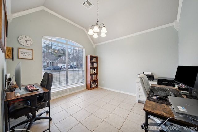 tiled home office with lofted ceiling, ornamental molding, and an inviting chandelier