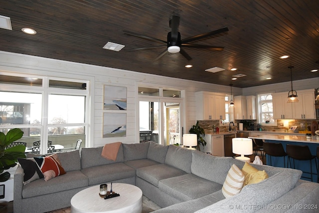 living room with sink, ceiling fan, wooden ceiling, and wood walls