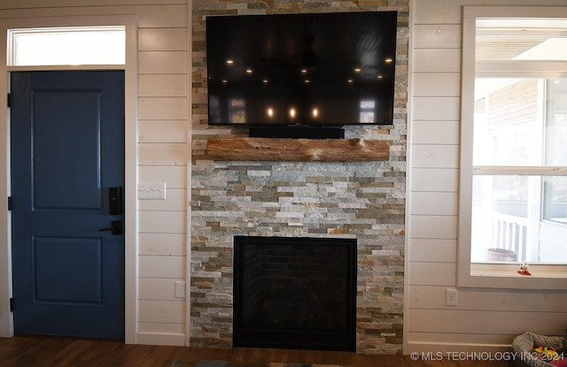 details featuring a fireplace, hardwood / wood-style floors, and wood walls