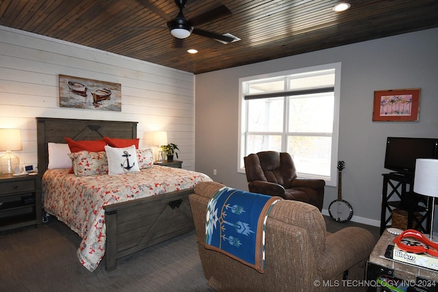 bedroom featuring ceiling fan and wooden ceiling