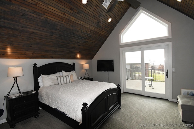 bedroom with high vaulted ceiling, a skylight, carpet flooring, access to exterior, and wood ceiling