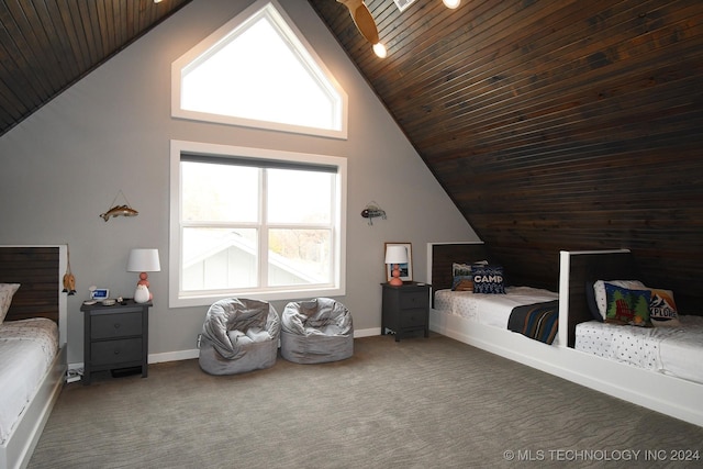 bedroom featuring carpet floors, high vaulted ceiling, and wood ceiling