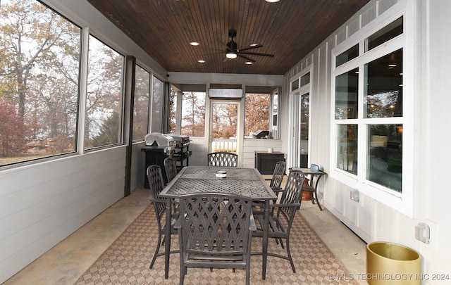 sunroom featuring ceiling fan and wood ceiling