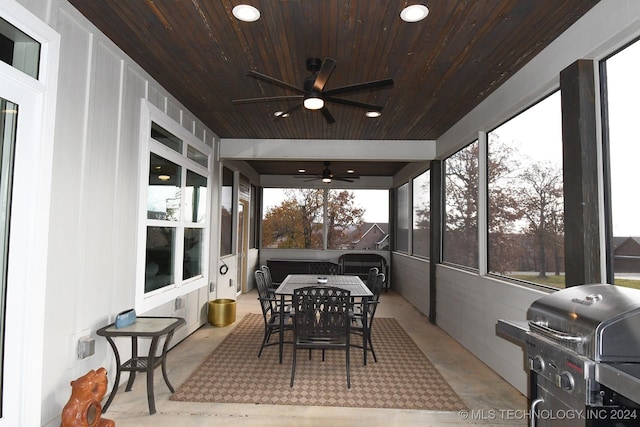 sunroom featuring wooden ceiling, ceiling fan, and a healthy amount of sunlight