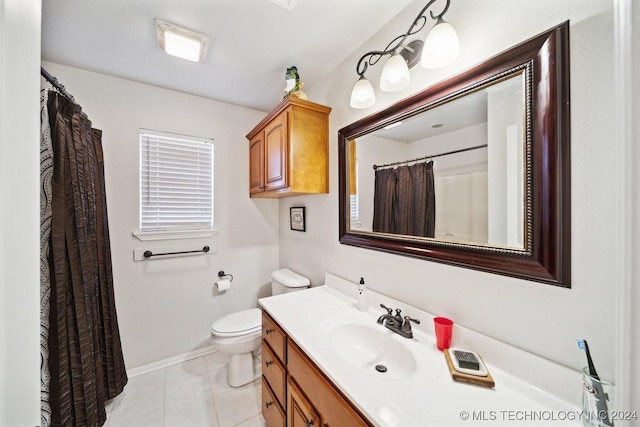 bathroom with tile patterned floors, walk in shower, vanity, and toilet