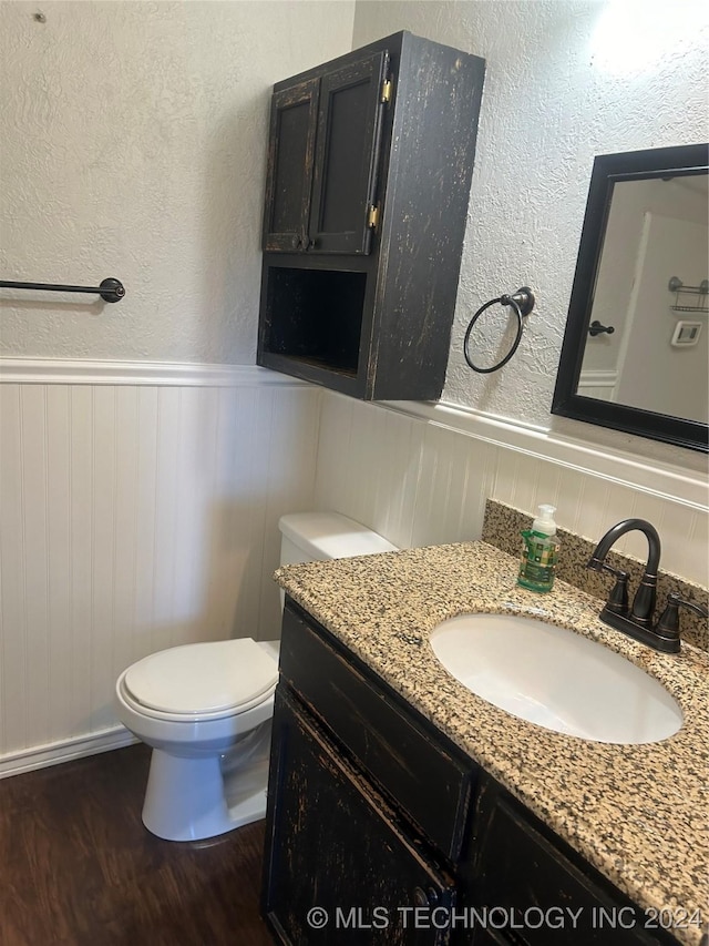 bathroom featuring toilet, vanity, and hardwood / wood-style flooring