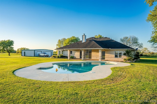 23220 E 121st St S, Broken Arrow, OK 74014 - rear view of house with brick siding, a chimney, a lawn, an outdoor pool, and an outbuilding