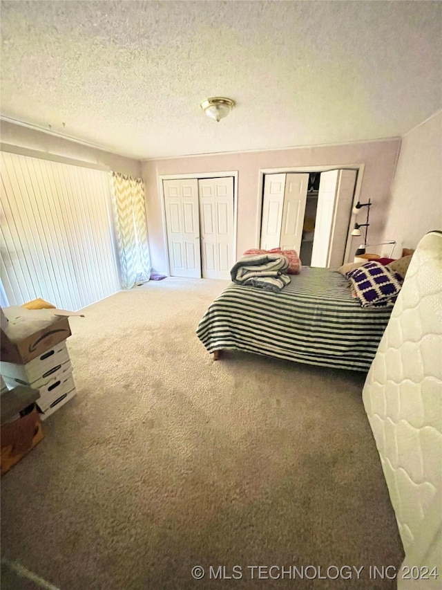 bedroom with carpet floors, a textured ceiling, and multiple closets