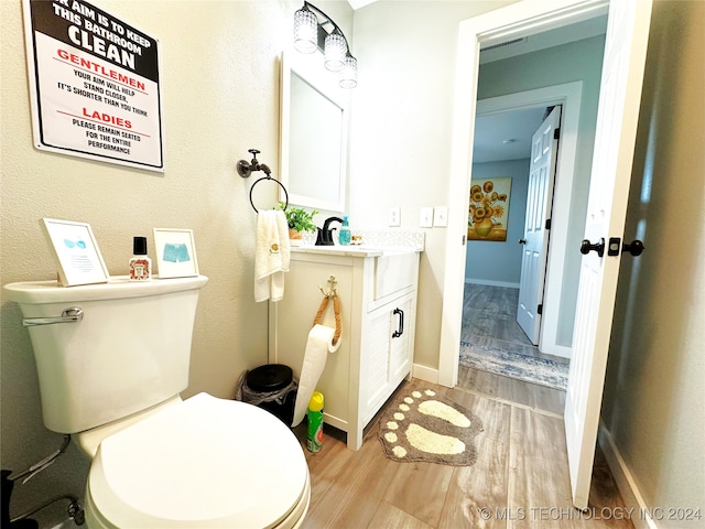 bathroom with toilet, vanity, and hardwood / wood-style flooring