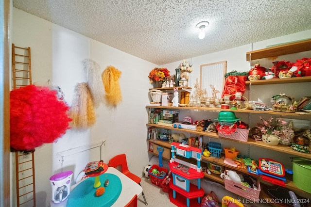 rec room featuring carpet and a textured ceiling