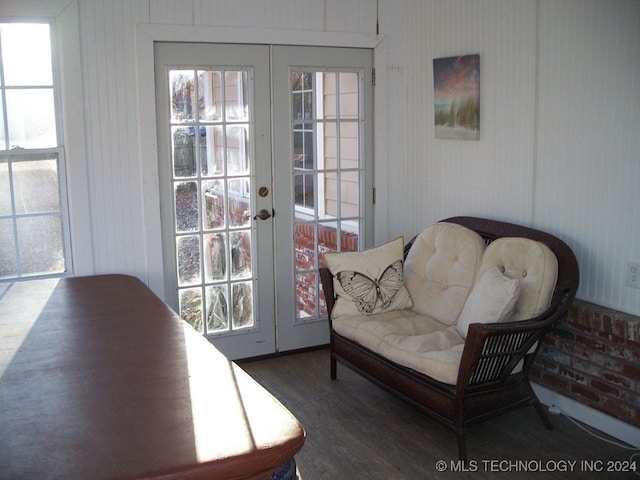 living area with french doors, dark wood-type flooring, and plenty of natural light