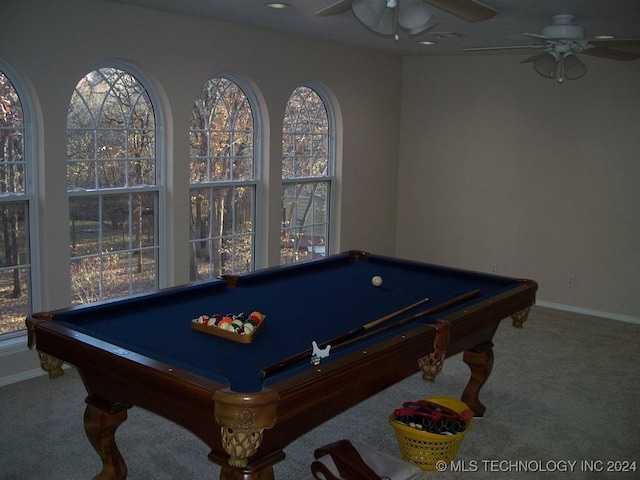 rec room with ceiling fan, carpet, and pool table