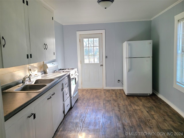 kitchen featuring white cabinetry, sink, dark wood-type flooring, crown molding, and white appliances