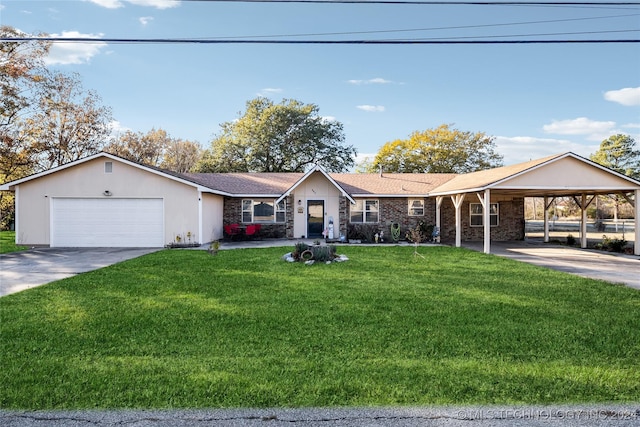 ranch-style home featuring a carport, a front yard, and a garage