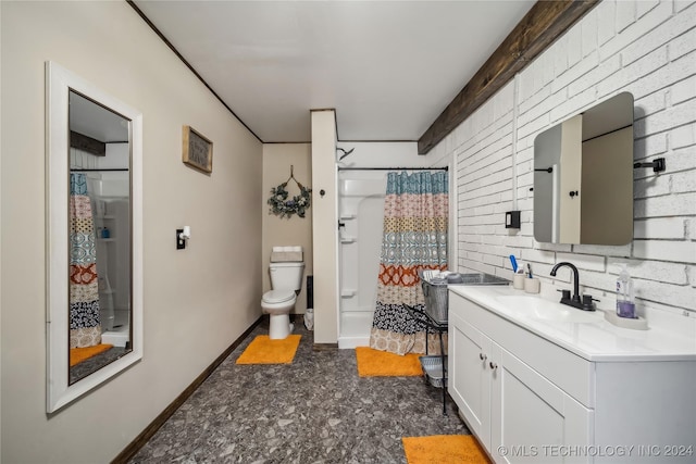 bathroom with vanity, toilet, walk in shower, and brick wall