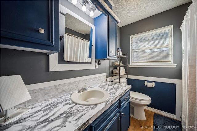 bathroom with vanity, wood-type flooring, a textured ceiling, and toilet