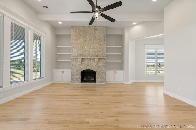 2601 W Twin Oaks St, Broken Arrow, OK 74012 - unfurnished living room with baseboards, light wood-style flooring, ceiling fan, built in features, and recessed lighting
