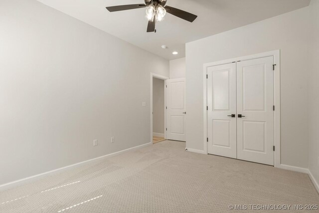 2601 W Twin Oaks St, Broken Arrow, OK 74012 - unfurnished bedroom featuring light colored carpet, baseboards, recessed lighting, a closet, and ceiling fan