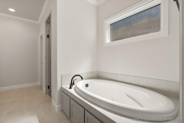 2601 W Twin Oaks St, Broken Arrow, OK 74012 - full bath with crown molding, a bath, tile patterned floors, baseboards, and recessed lighting