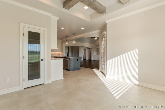 17413 S 52nd E Ave, Bixby, OK 74008 - kitchen with a sink, a ceiling fan, ornamental molding, arched walkways, and hanging light fixtures