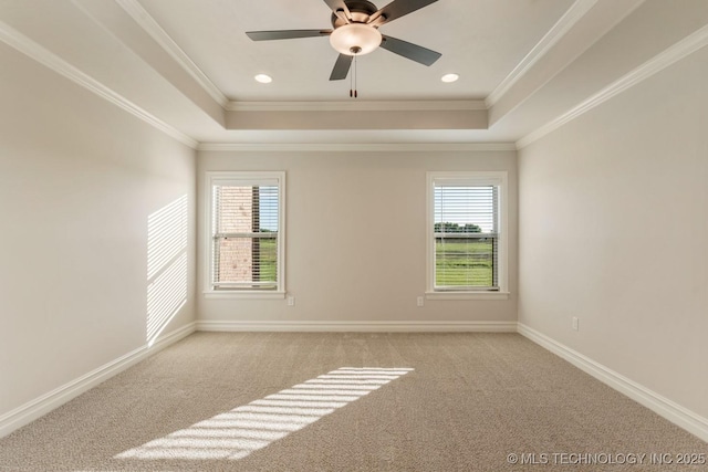 17413 S 52nd E Ave, Bixby, OK 74008 - carpeted spare room with a raised ceiling, ornamental molding, baseboards, a ceiling fan, and recessed lighting