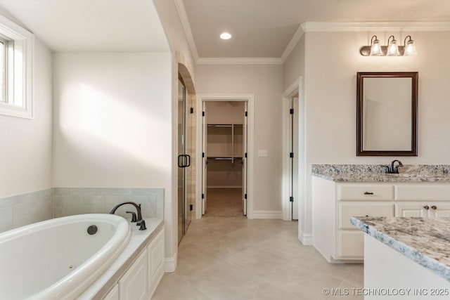 17413 S 52nd E Ave, Bixby, OK 74008 - bathroom with a shower stall, a whirlpool tub, vanity, ornamental molding, and tile patterned floors
