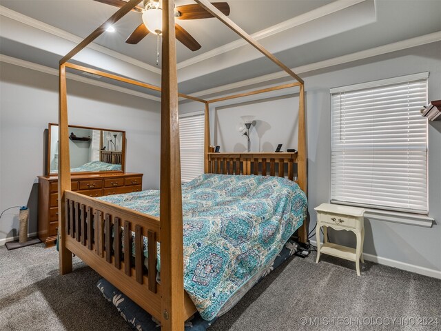 bedroom featuring carpet, a raised ceiling, ceiling fan, and ornamental molding