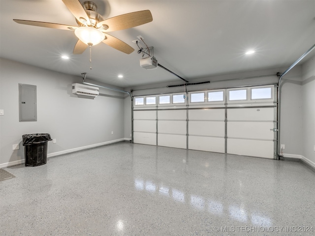 garage with ceiling fan, a garage door opener, and electric panel