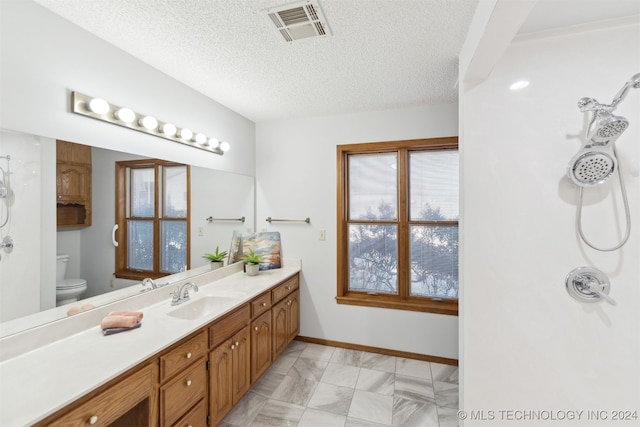 bathroom with vanity, a textured ceiling, and toilet