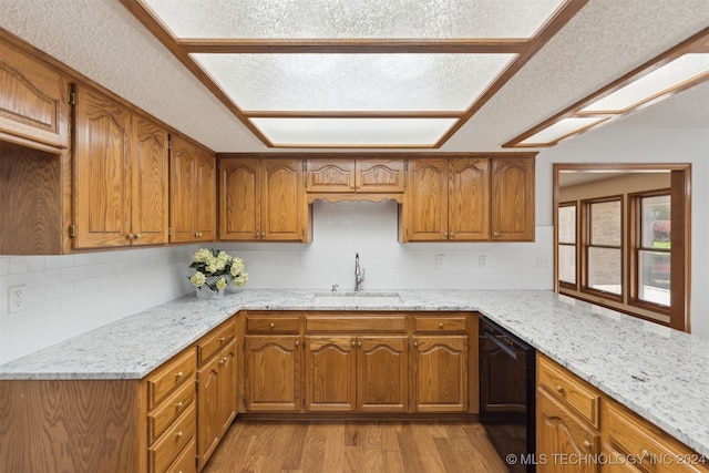 kitchen featuring tasteful backsplash, sink, light wood-type flooring, and black dishwasher