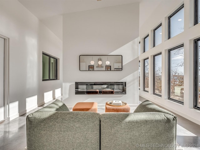 living room with concrete floors and a high ceiling