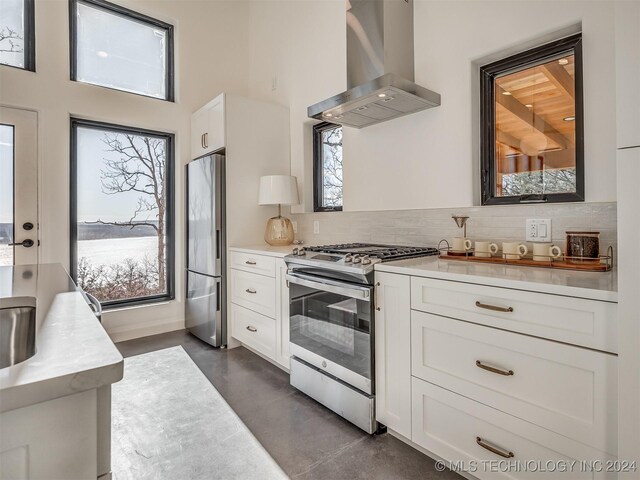 kitchen featuring plenty of natural light, island exhaust hood, and appliances with stainless steel finishes