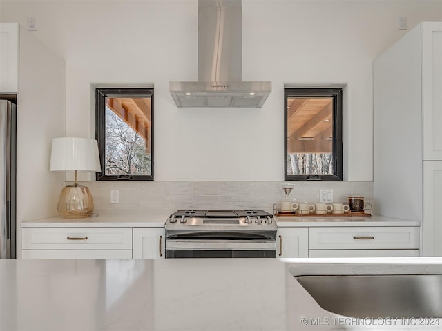 kitchen featuring island exhaust hood, appliances with stainless steel finishes, tasteful backsplash, sink, and white cabinets