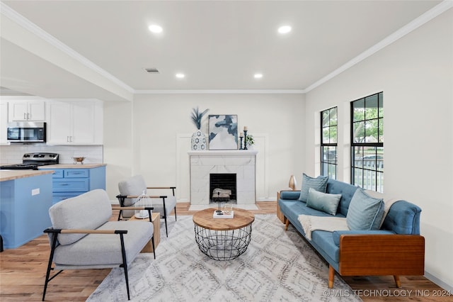 living room with a fireplace, ornamental molding, and light wood-type flooring