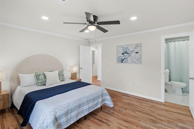 bedroom featuring ceiling fan, wood-type flooring, and ornamental molding