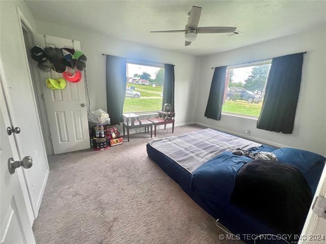 carpeted bedroom with multiple windows and ceiling fan