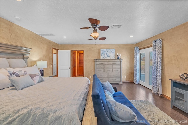 bedroom with a textured ceiling, ceiling fan, access to exterior, and dark wood-type flooring